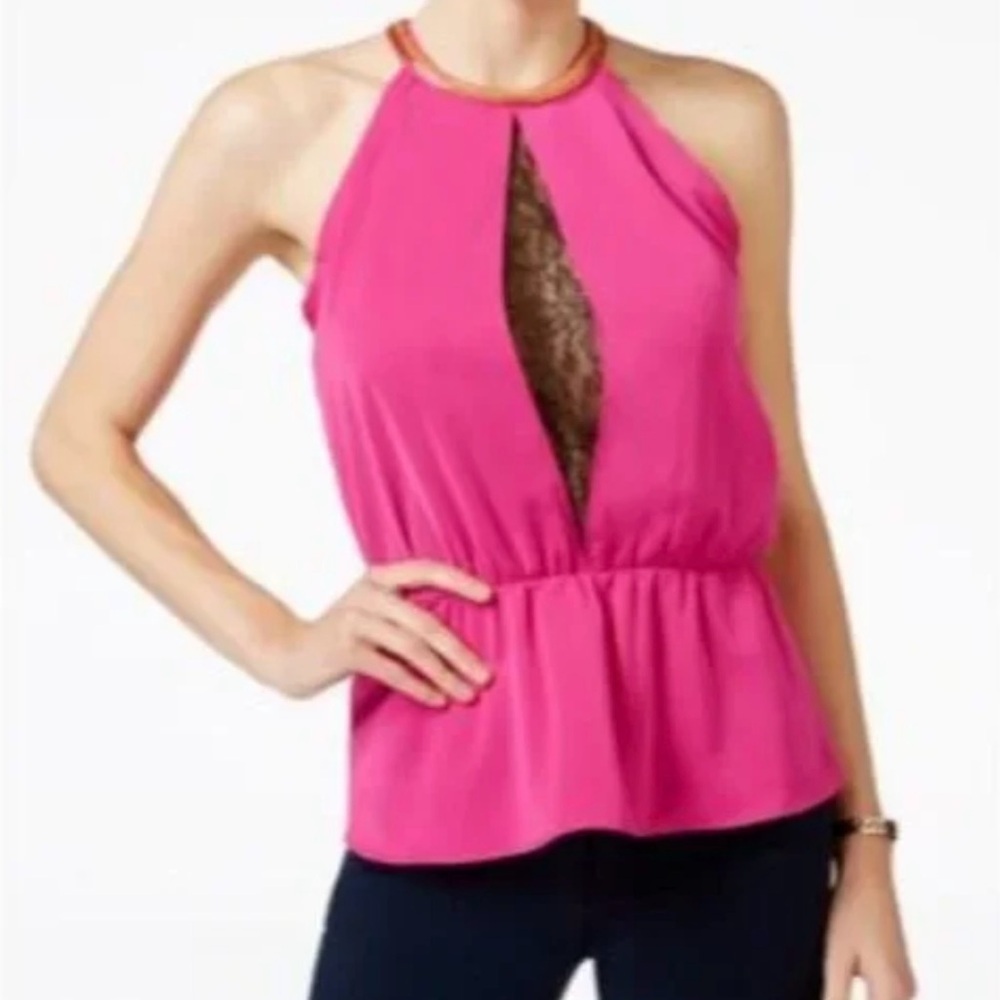XOXO Fuchsia Halter Top with Black And Gold Lace